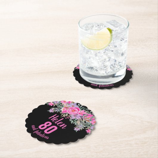 80e verjaardag zwart roze bloemenschrift naam kartonnen onderzetters (Insitu)