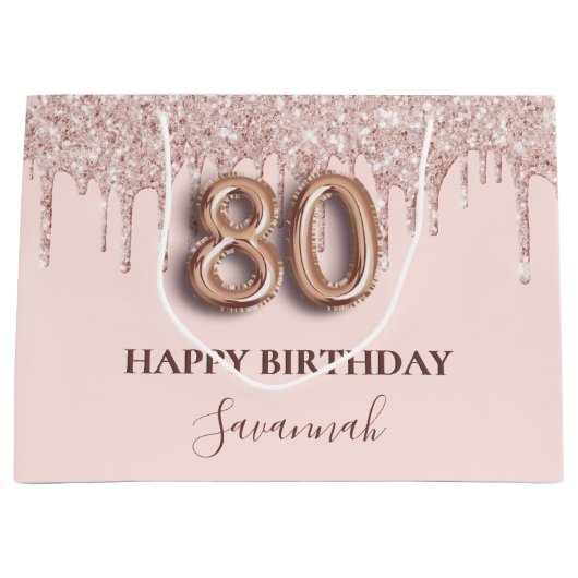 80e verjaardag zwart roze glitter druppelt roos go groot cadeauzakje (Voorkant)