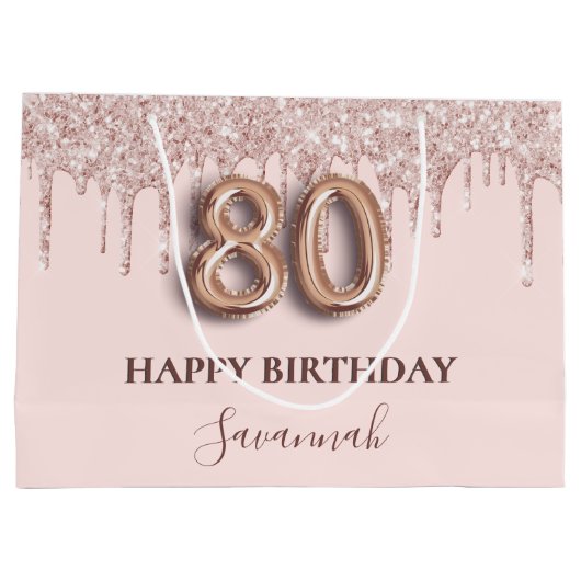 80e verjaardag zwart roze glitter druppelt roos go groot cadeauzakje (Achterkant)