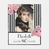 80e verjaardag zwart wit streept roze foto fleece deken (Voorkant)