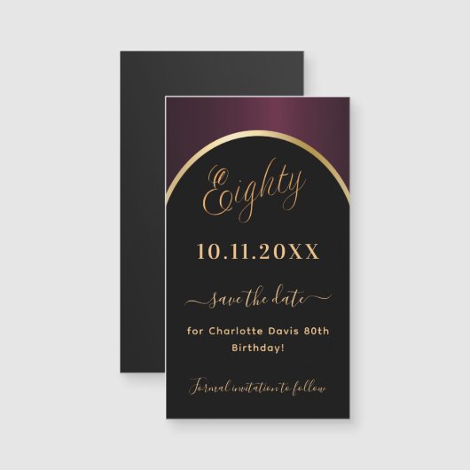 80e verjaardag zwarte bordeaux Save the Date magne (Voorkant / Achterkant)