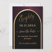 80e verjaardag zwarte Bourgondische gouden boog Save The Date (Voorkant)