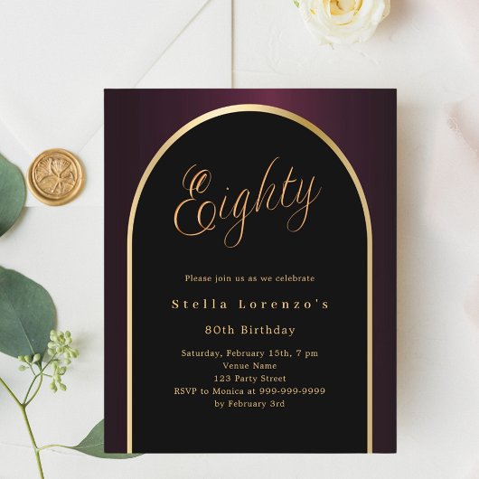 80e verjaardag zwarte Bourgondische gouden boog ui