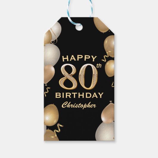 80e verjaardag Zwarte en gouden ballonnen Cadeaulabel (Voorkant)