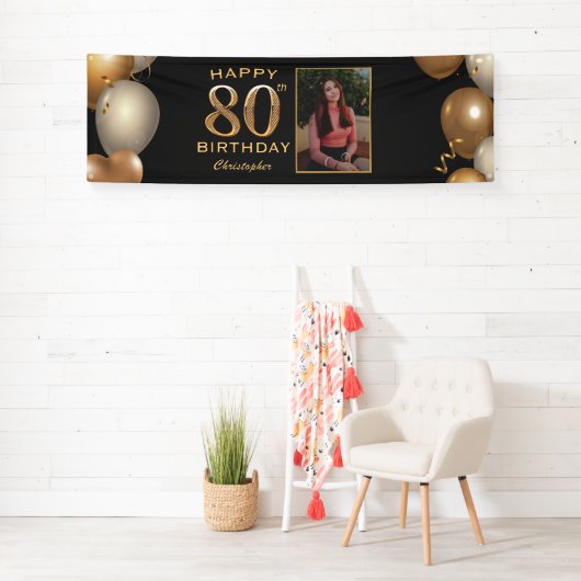 80e verjaardag Zwarte en gouden ballonnen Foto Spandoek (Insitu)