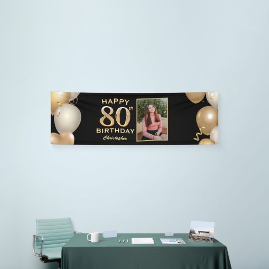 80e verjaardag Zwarte en gouden ballonnen Foto Spandoek (Beurs)