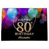 80e verjaardag Zwarte en gouden ballonnen Groot Cadeauzakje (Voorkant)
