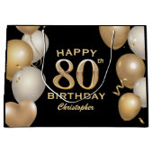80e verjaardag Zwarte en gouden ballonnen Groot Cadeauzakje (Voorkant)