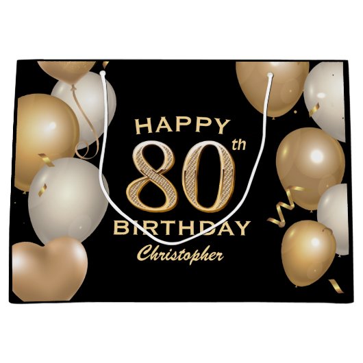 80e verjaardag Zwarte en gouden ballonnen Groot Cadeauzakje (Voorkant)