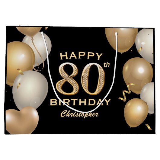 80e verjaardag Zwarte en gouden ballonnen Groot Cadeauzakje (Achterkant)