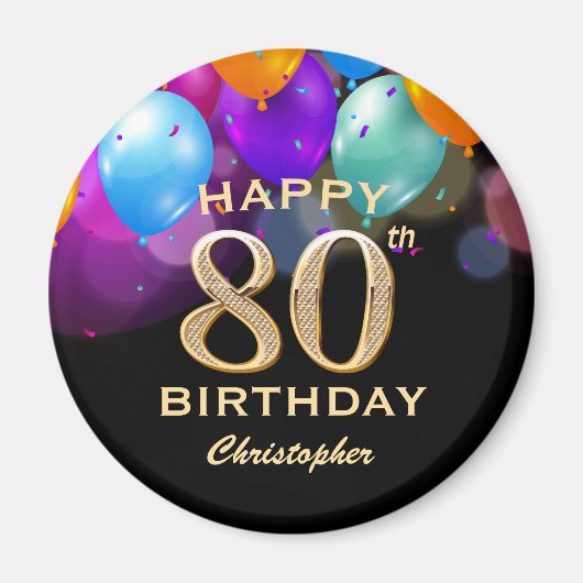 80e verjaardag Zwarte en gouden ballonnen Magneet (Voorkant)