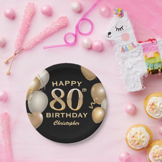 80e verjaardag Zwarte en gouden ballonnen Papieren Bordje (Feest)