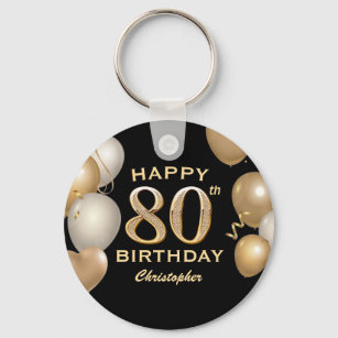 80e verjaardag Zwarte en gouden ballonnen Sleutelhanger