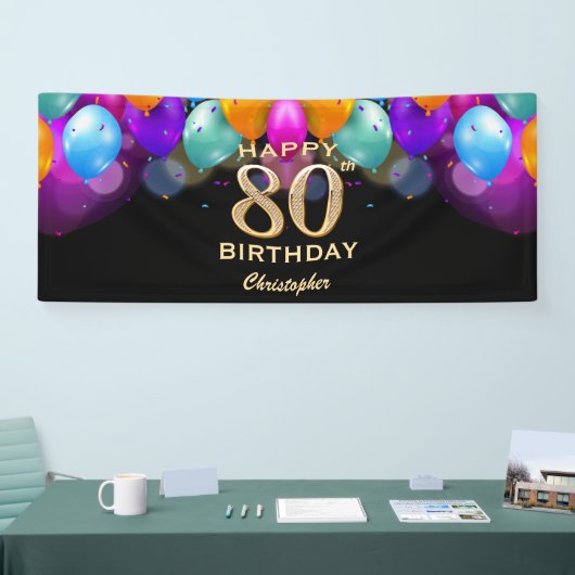 80e verjaardag Zwarte en gouden ballonnen Spandoek (Beurs)