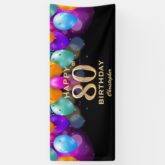 80e verjaardag Zwarte en gouden ballonnen Spandoek (Verticaal)