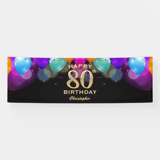 80e verjaardag Zwarte en gouden ballonnen Spandoek (Horizontaal)