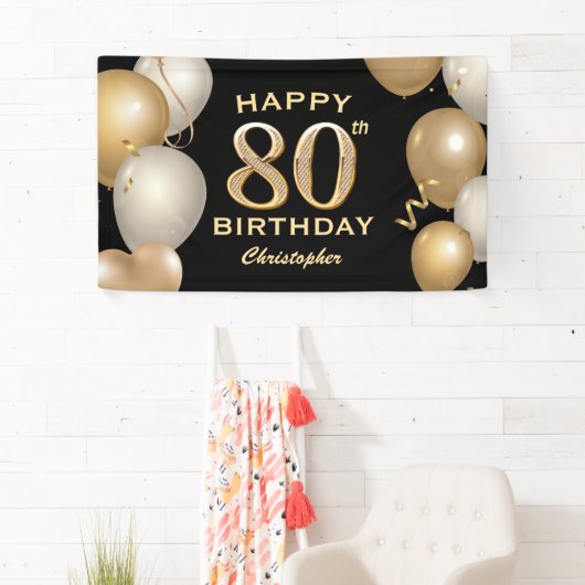80e verjaardag Zwarte en gouden ballonnen Spandoek (Insitu)