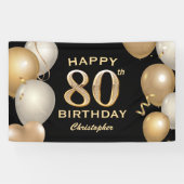80e verjaardag Zwarte en gouden ballonnen Spandoek (Horizontaal)