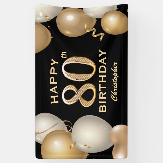 80e verjaardag Zwarte en gouden ballonnen Spandoek (Verticaal)