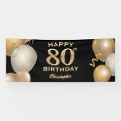 80e verjaardag Zwarte en gouden ballonnen Spandoek (Horizontaal)