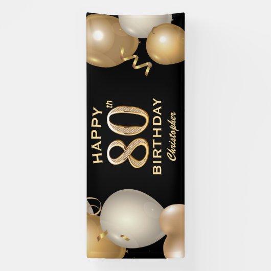 80e verjaardag Zwarte en gouden ballonnen Spandoek (Verticaal)