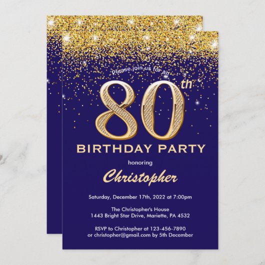80e verjaardag zwarte en goudglitter-Confetti Kaart (Voorkant / Achterkant)