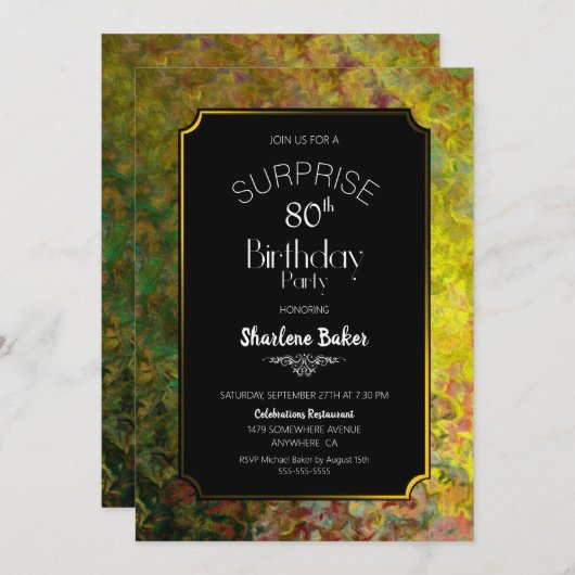 80e verjaardag zwarte en goudverrassingspartij kaart (Voorkant / Achterkant)
