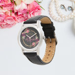 80e verjaardag zwarte floraal goud geometrische bu horloge<br><div class="desc">Een geschenk of keepname voor een 80ste verjaardag. Een zwarte achtergrond met een vals goud geometrisch lijst. Gedemoreerd met donkere paarse en bruine bloemen, rozen en boho-veren. Sjablonen voor een naam, leeftijd en datum. Geboortedatum of -datum van de partij. De naam wordt geschreven met een handgeschreven stijlmanuscript, roze gekleurde brieven,...</div>