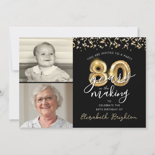 80e Verjaardag Zwarte Gouden Ballonnen 2 Foto's Kaart (Voorkant)