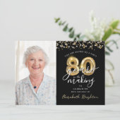 80e verjaardag zwarte gouden ballonnen één foto kaart (Staand voorkant)