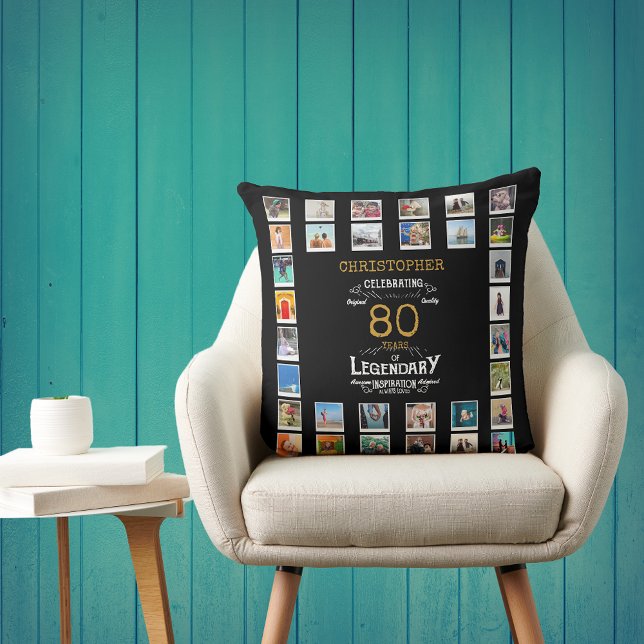 80e verjaardag zwarte gouden Legendaire foto Kussen (Personalized 80th birthday gift throw pillow with 32 photos of your choice)
