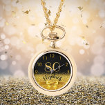 80e verjaardag zwarte gouden naam elegante boog horloge<br><div class="desc">Elegant, klassiek, glamoureus en vrouwelijk. Een faux goudkleurige boog en lint met gouden glitter en glans, een beetje verbijsterend en luxe voor een verjaardagscadeau of een cadeau. Zwarte achtergrond. Sjablonen voor haar naam en 80 jaar oud. De naam wordt geschreven met een modern handgeschreven stijlmanuscript met letters. Goudkleurige getallen van...</div>