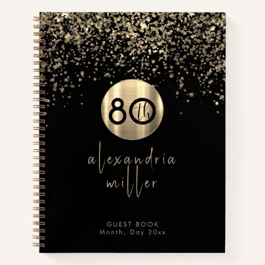 80e verjaardag zwarte goudglitter-Guestbook Notitieboek (Voorkant)