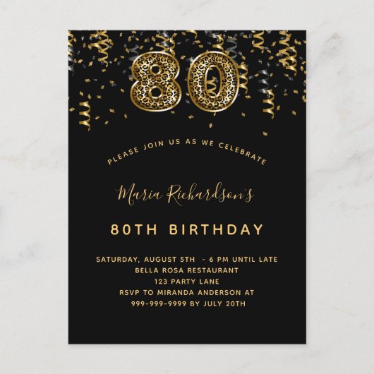 80e verjaardag zwarte goudluipaard afdrukluxe uitnodiging briefkaart (Voorkant)