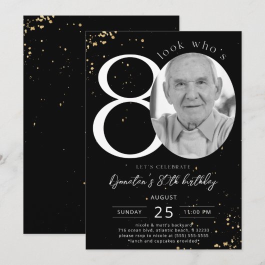 80e verjaardag zwarte gouduitnodiging Kaart Foto (Voorkant / Achterkant)