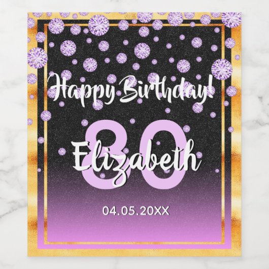 80e verjaardag zwarte paarse glitterdiamanten wijn etiket (Enkel label)