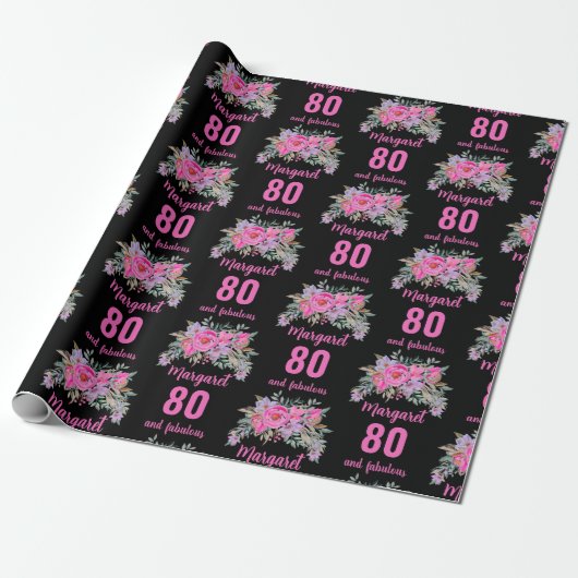 80e verjaardag zwarte roze floral cadeaupapier (Uitgerold)