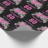 80e verjaardag zwarte roze floral cadeaupapier (Hoek)