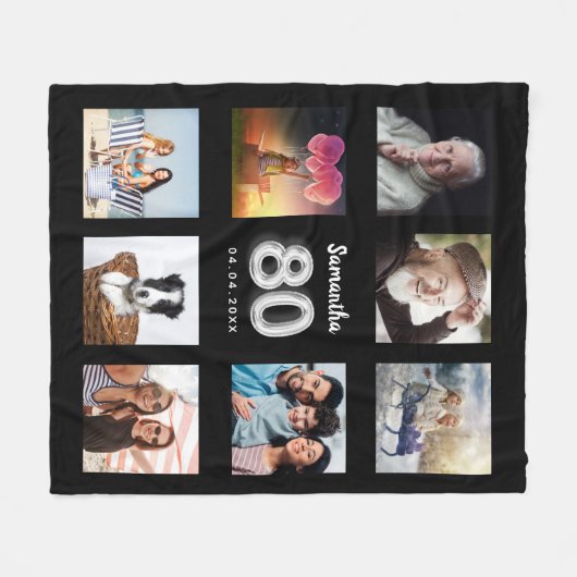 80e verjaardag zwarte zilveren foto collage naam fleece deken (Voorkant (Horizontaal))
