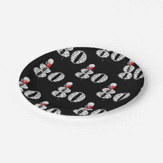 80e verjaardagsballonnen op zwarte ballonnen papieren bordje (Gekanteld)