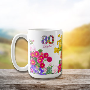 80e verjaardagsfeest bloemboeket koffiemok