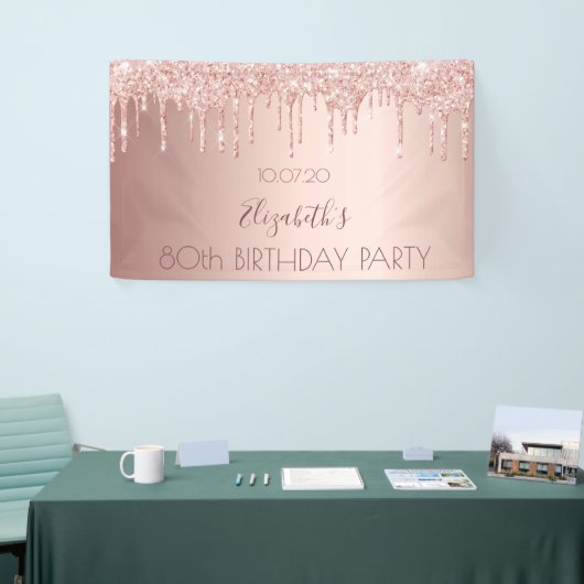 80e verjaardagsfeest blush roos gouden druppels spandoek (Beurs)