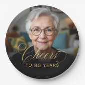 80e Verjaardagsfeest Foto Gold Script Cheers Papieren Bordje (Voorkant)