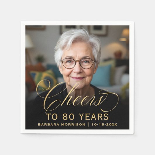 80e Verjaardagsfeest Foto Gold Script Cheers Servet (Voorkant)