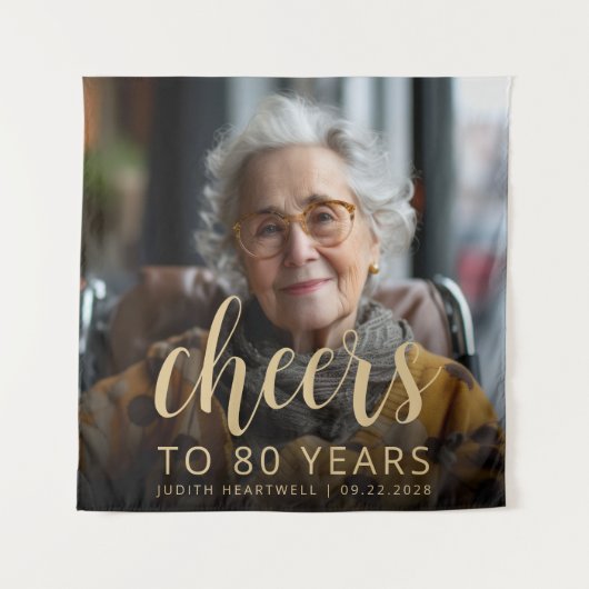 80e Verjaardagsfeest Foto Gold Script Cheers Wandkleed (Voorkant)