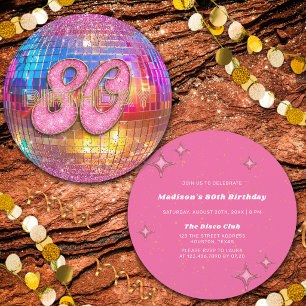 80e Verjaardagsfeest Goud Roze Glitter Disco Bal Kaart