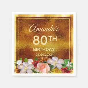 80e verjaardagsfeest gouden witte roze bloemen servet