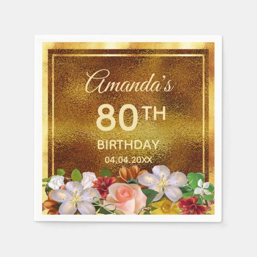 80e verjaardagsfeest gouden witte roze bloemen servet (Voorkant)