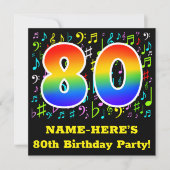 80e verjaardagsfeest: leuke muzieksymbolen, regenb kaart (Voorkant)