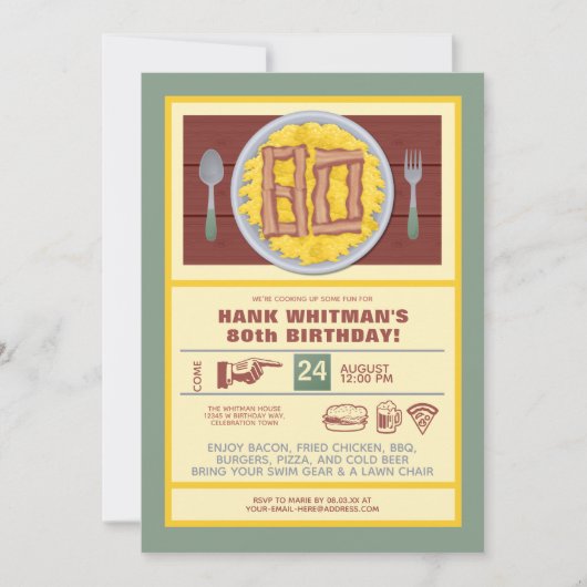 80e Verjaardagsfeest Mannen Funny Bacon Eggs Theme Kaart (Voorkant)